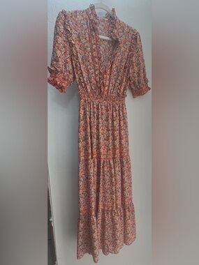 Max Studio Coral Floral Smocked Maxi Dress